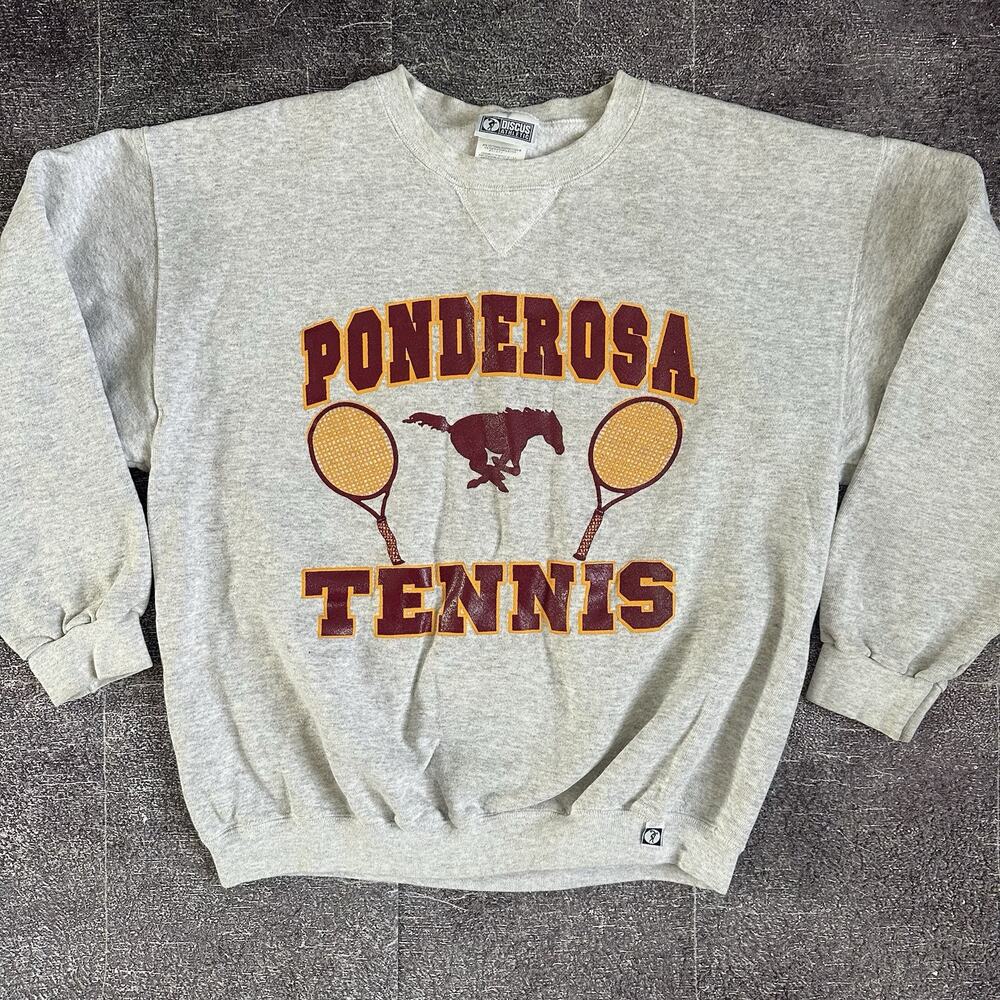 Men's Vintage 90's Discus Ponderosa Tennis Heather Gray Crewneck Sweatshirt Sz L